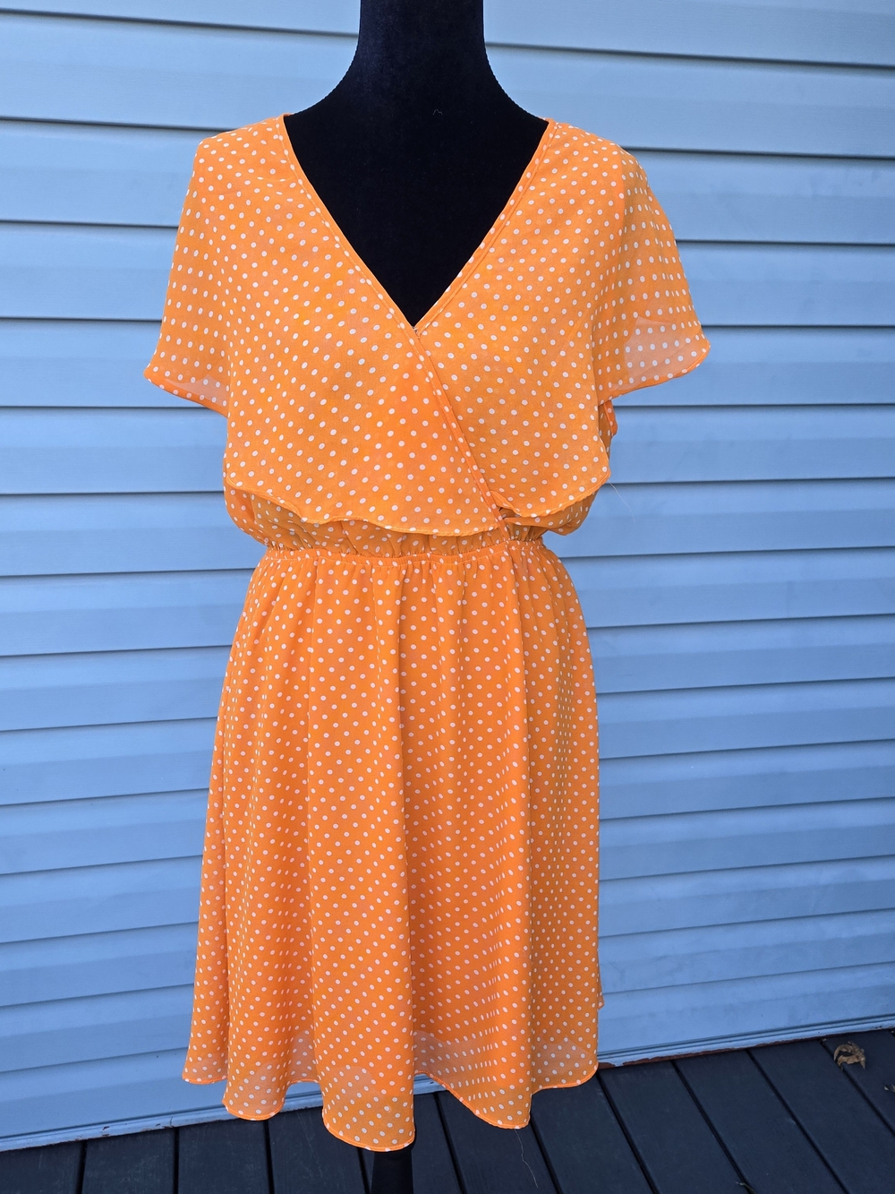 Ya Los Angeles Orange Polka Dot Silk Blend Faux Wrap Dress Flutter Sleeve L
